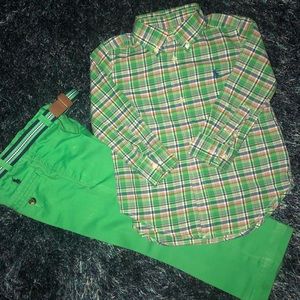 Polo shirt size 2t and green pants w/ belt size 3t